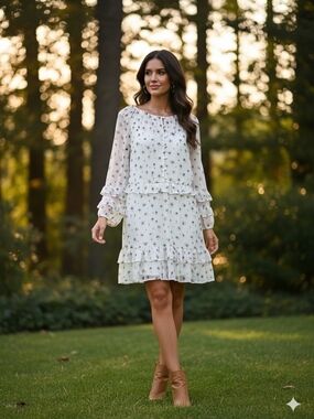 Simply Vera Vera Wang Cream Long Sleeve Ruffle Mini Dress with Brown Dot Print-